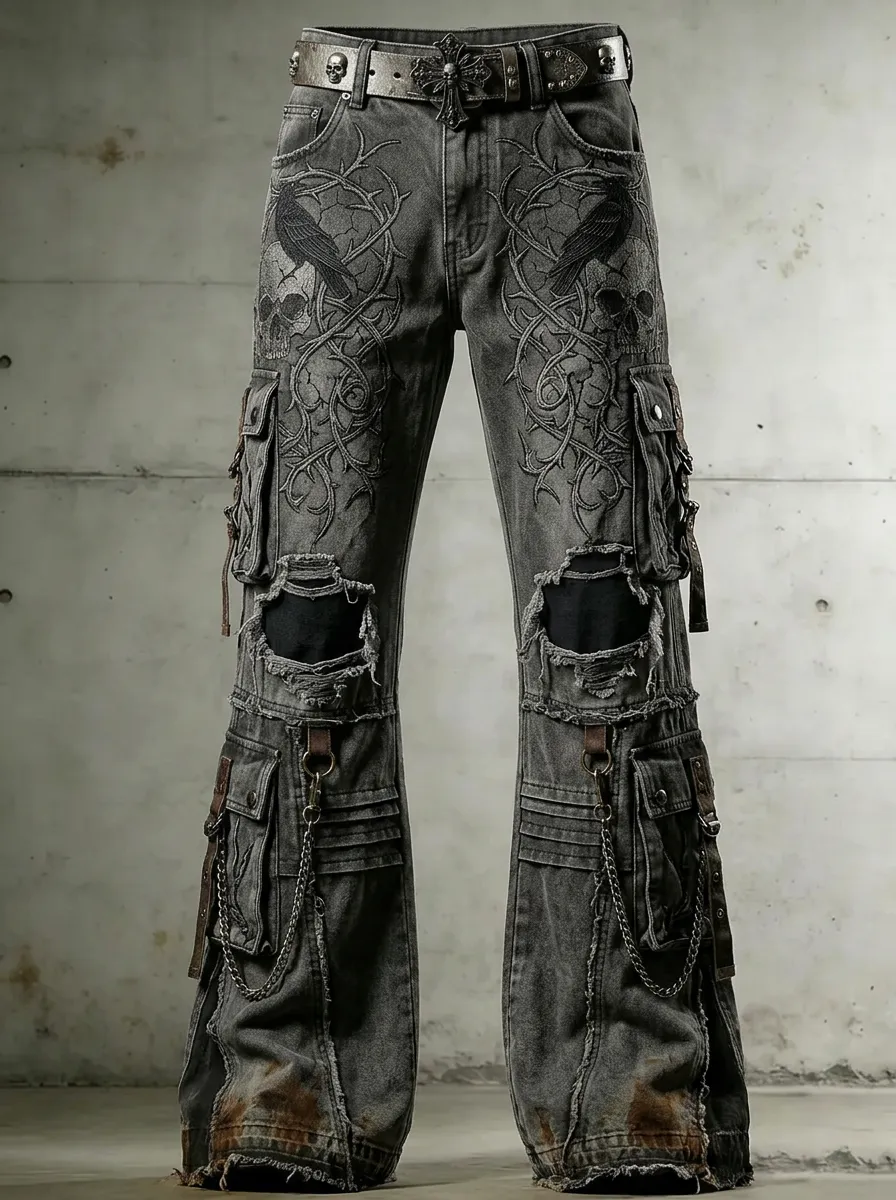 Midnight Skull Raven Thorn Darkwear Style Men's Gothic Cargo Pants