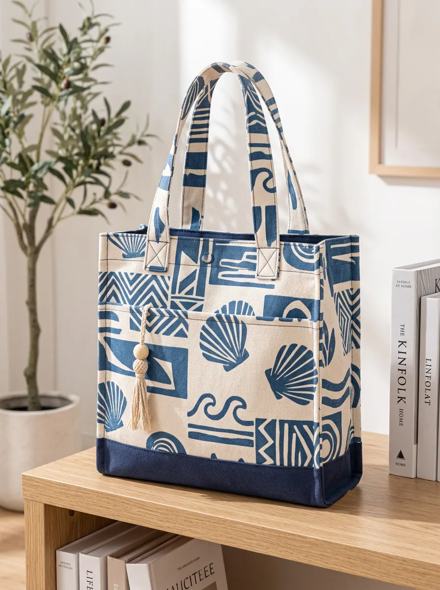 Women's Beach Seashell Printed Canvas Shoulder Tote Bag