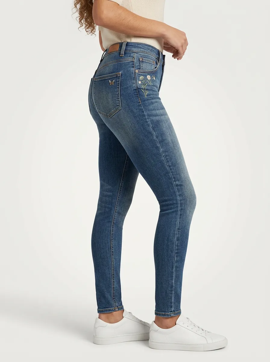 Women's Ridge Floral Butterfly Embroidered Printed Slim Jeans