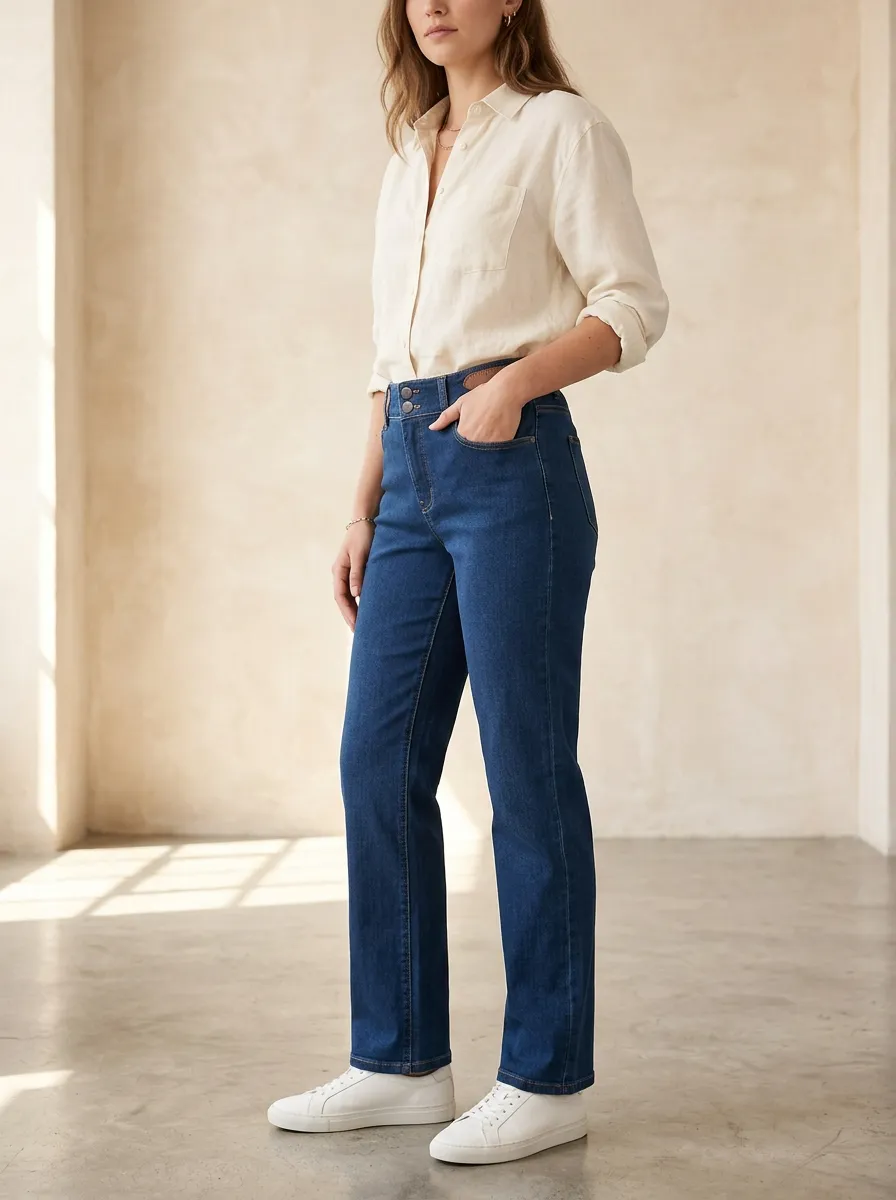 Women's Casual Daily Wear High-Waisted Blue Denim Pants
