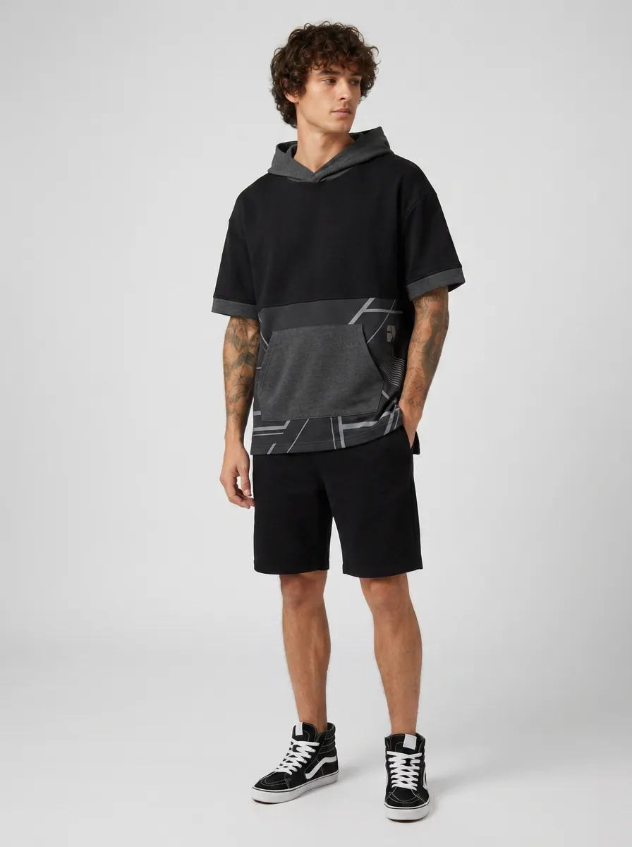 Men's Techwear Geometric Pattern Printed Short Sleeve Hoodie