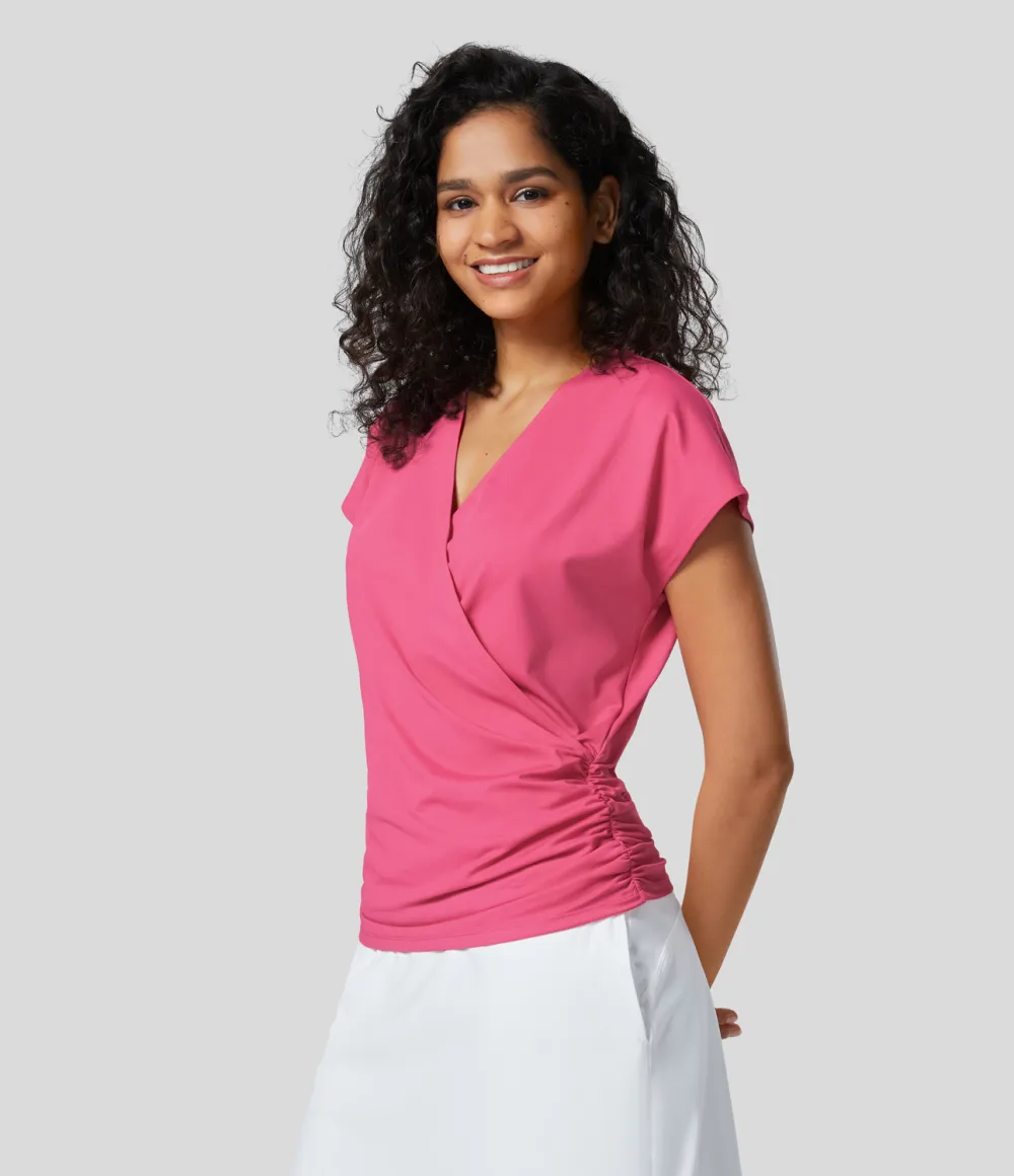 V Neck Cap Sleeve Crossover Ruched Solid Work Blouse