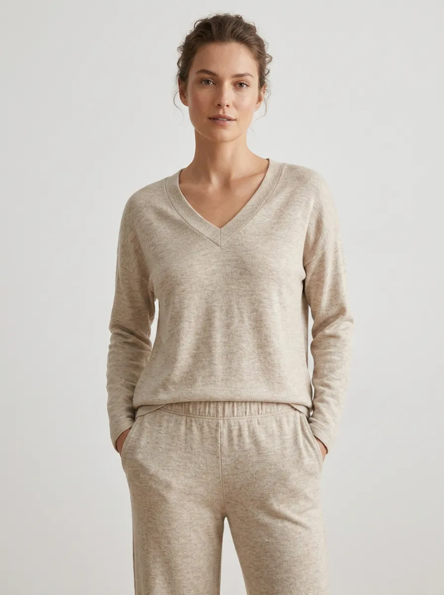 Refined Short-Sleeve Ribbed Women's V-Neck Casual Lounge Set