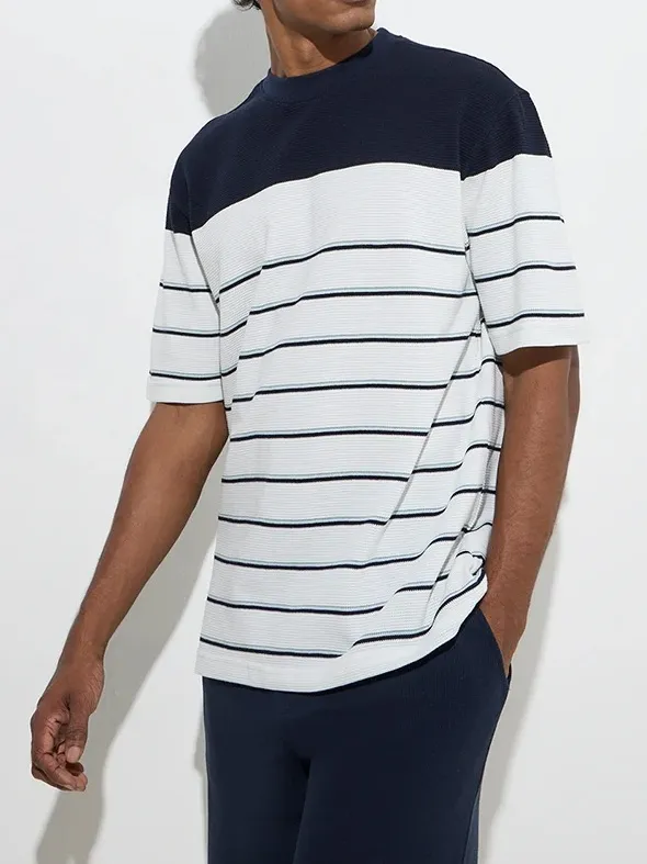 Striped Loose  White Cotton-Blend T-Shirt