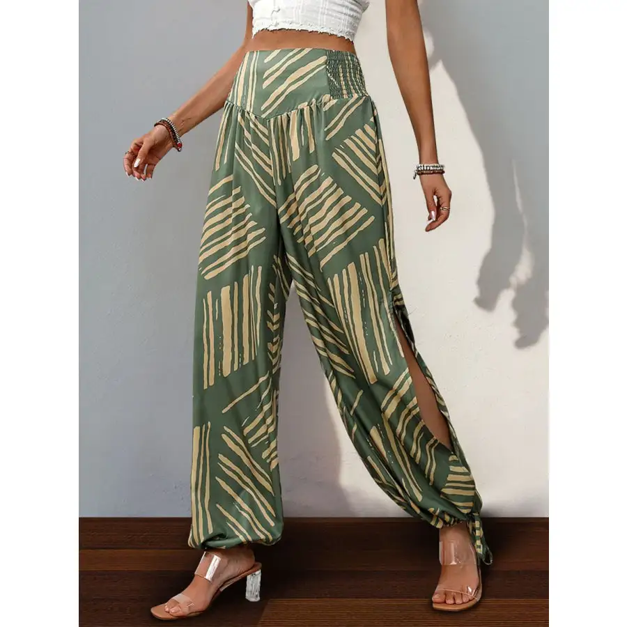 Smocked Slit Printed High Waist Pants