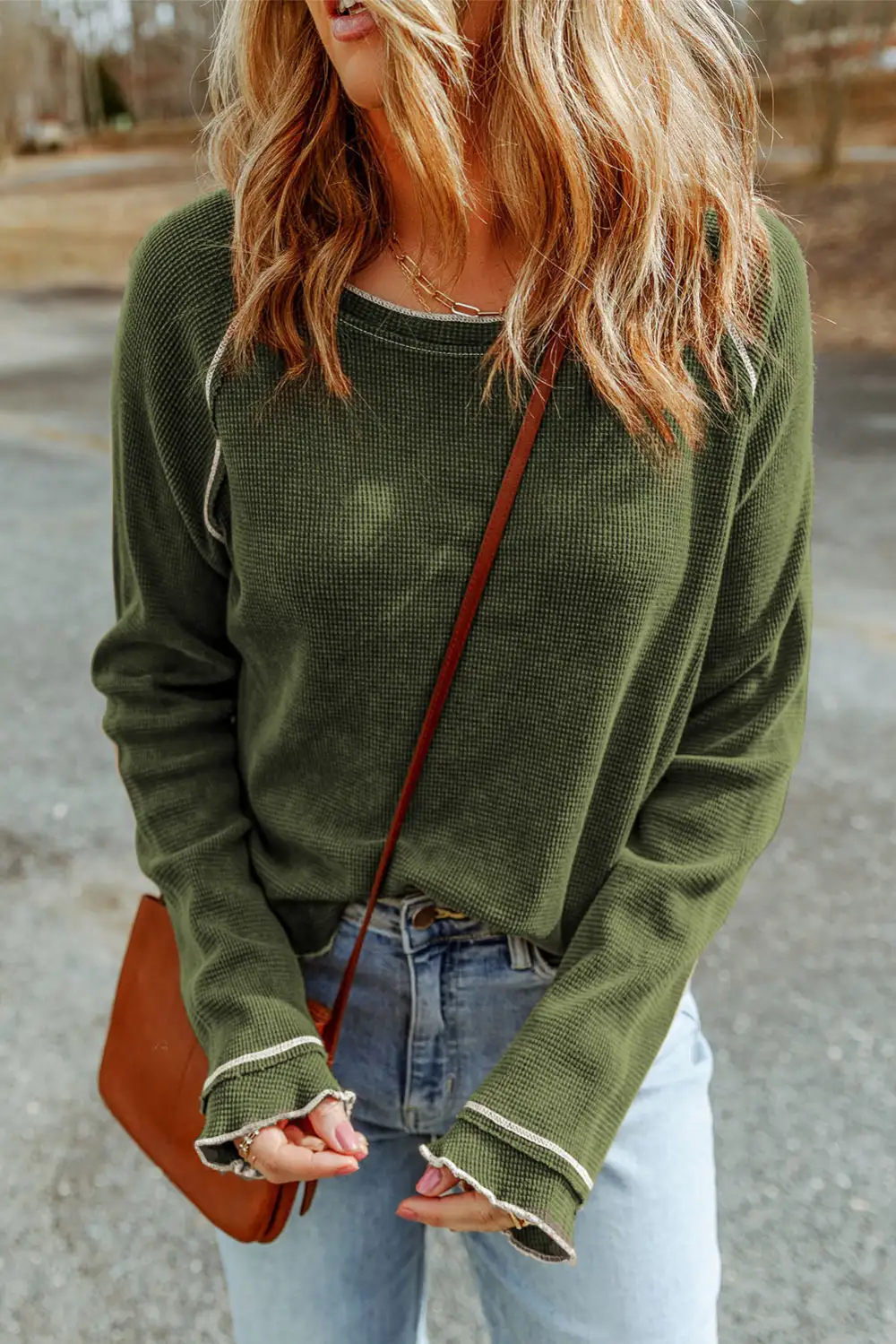 Textured Round Neck Long Sleeve Women's Top
