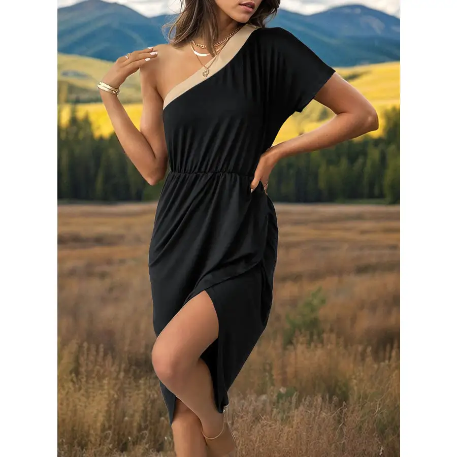 Slit Single Shoulder Short Sleeve Midi Dress
