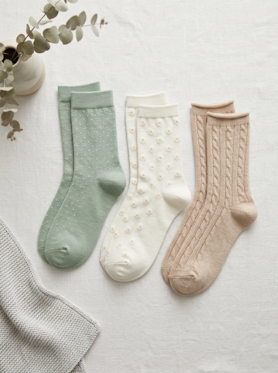 Women's Floral Polka Dot Cable Knit Printed Socks Set