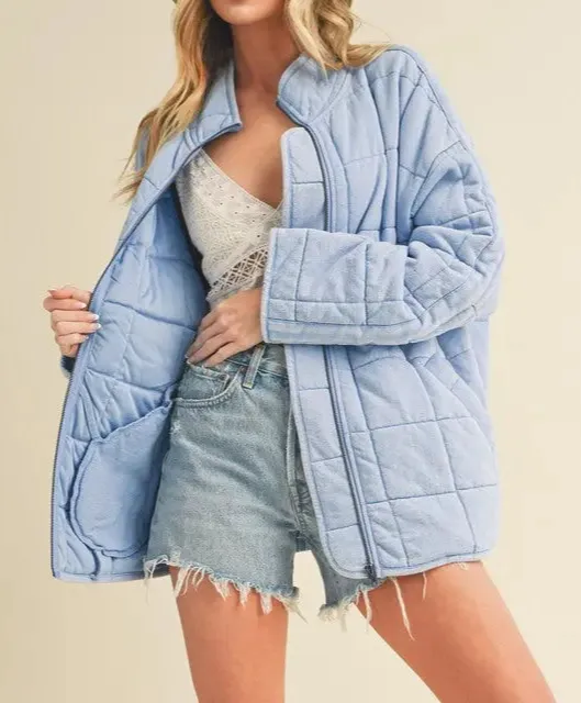 Quilted Washed Drop Shoulder Zip Front Casual Jacket