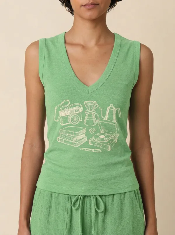 Women's Hobby Lover Camera Coffee Books Record Player Printed Tank Top