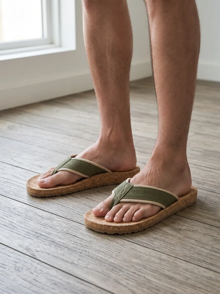Men's Casual Summer Olive Green Fabric Cork Printed Flip Flops