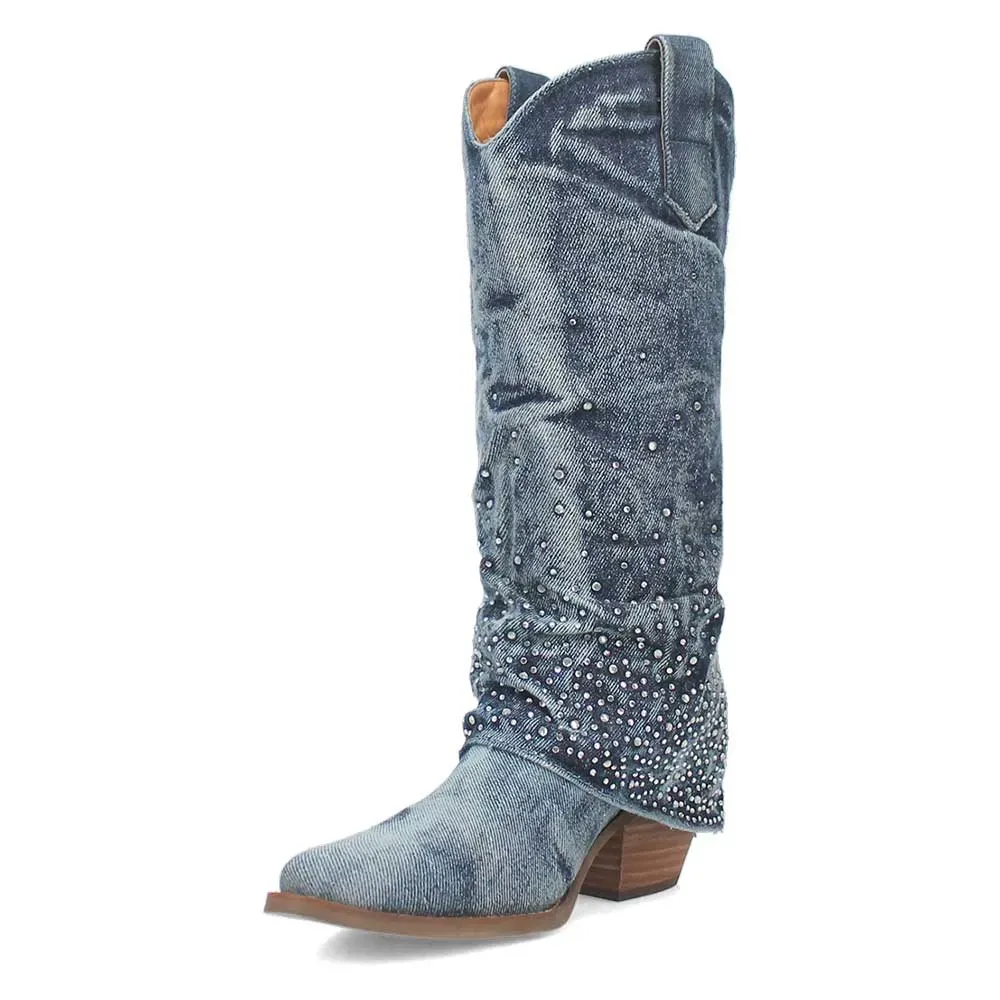 Denim Rhinestone Chunky-Heel Platform Western Boots
