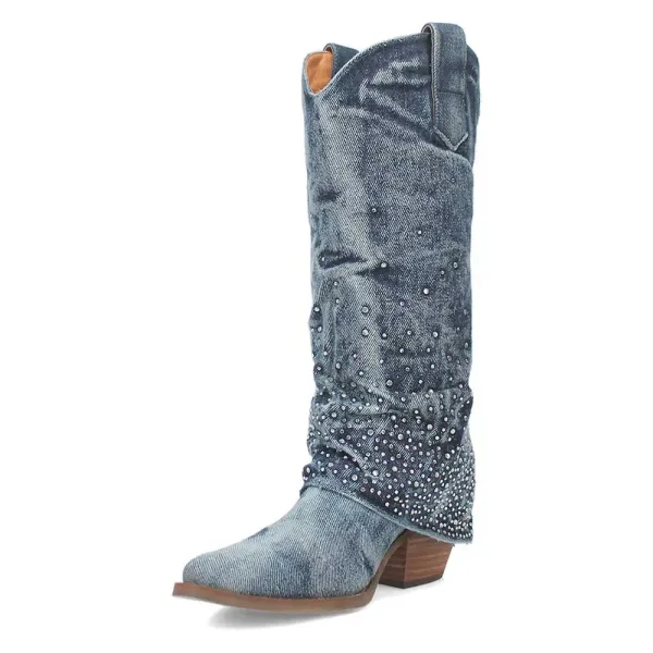 Denim Rhinestone Chunky-Heel Platform Western Boots