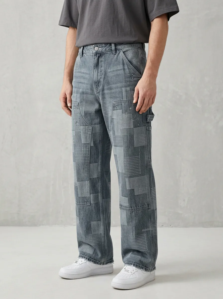 Men's Celestial Patchwork Embroidered Printed Wide Leg Jeans