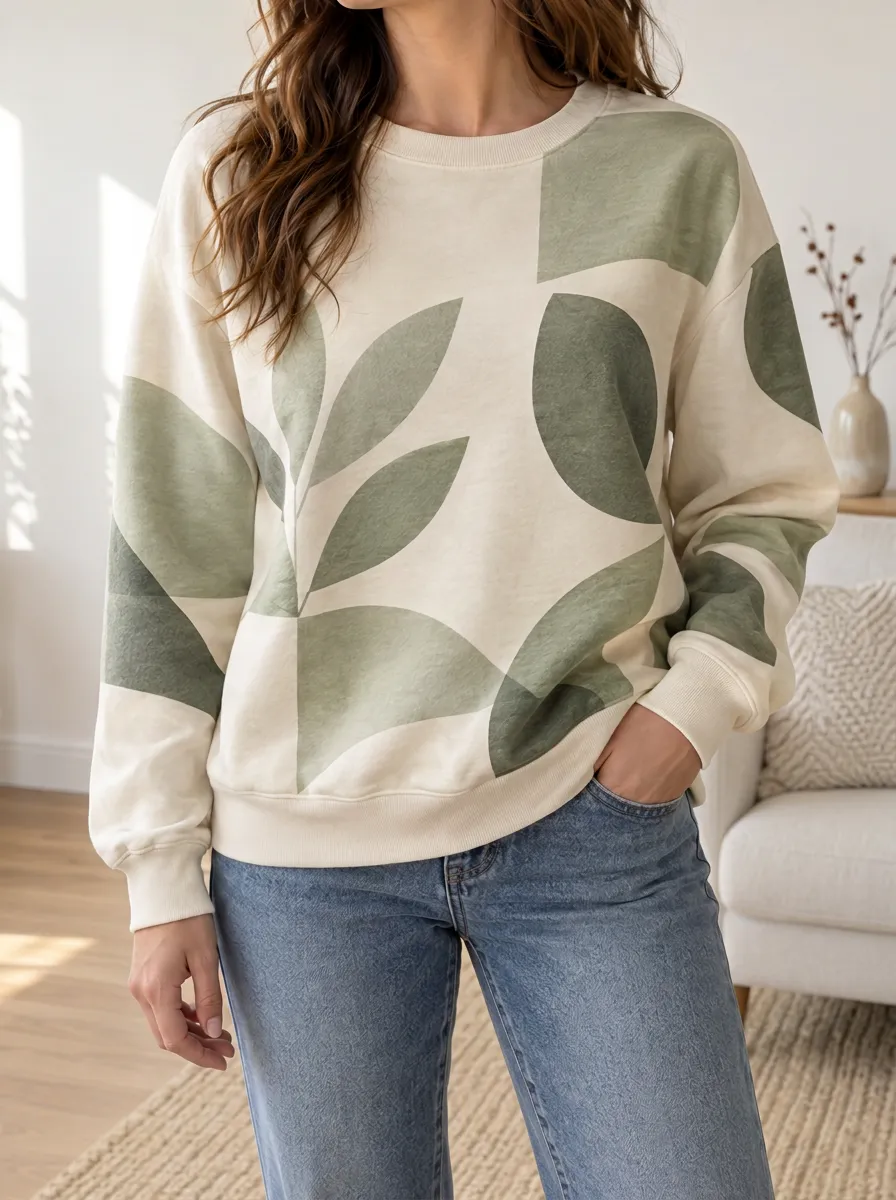 Women's Minimalist Nature Lover Sage Leaf Printed Fleece Sweatshirt
