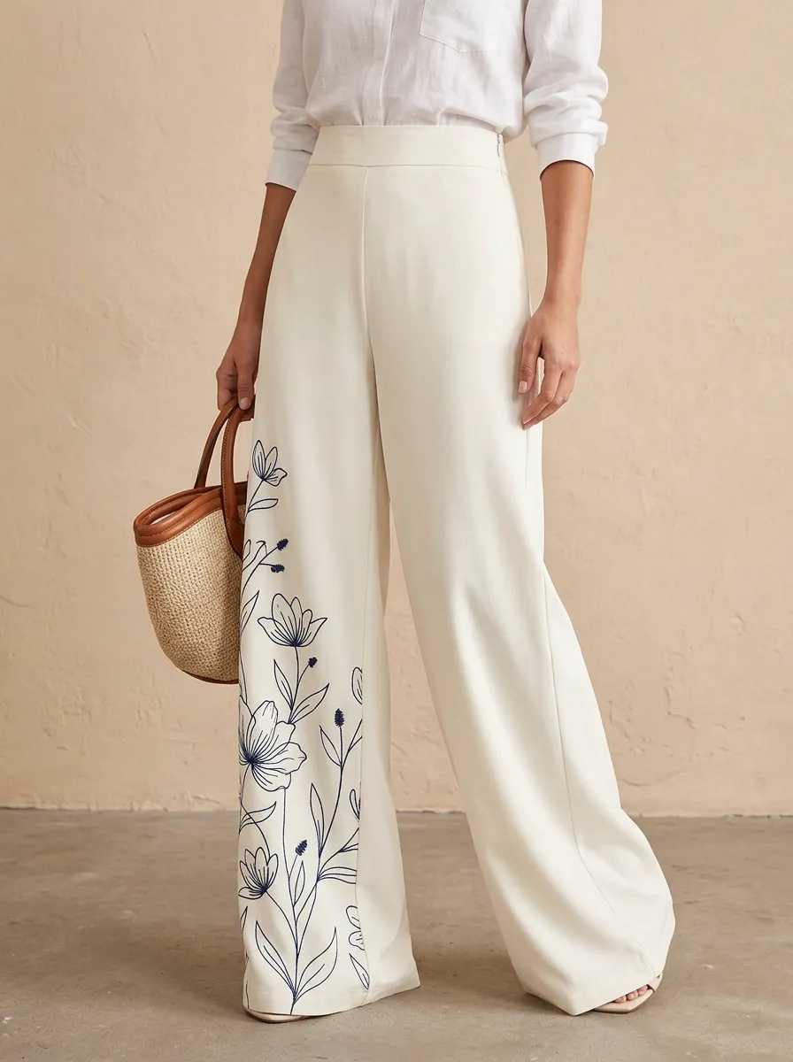 Women's Floral Botanical Blue Ink Patterned High-Waist Wide-Leg Pants