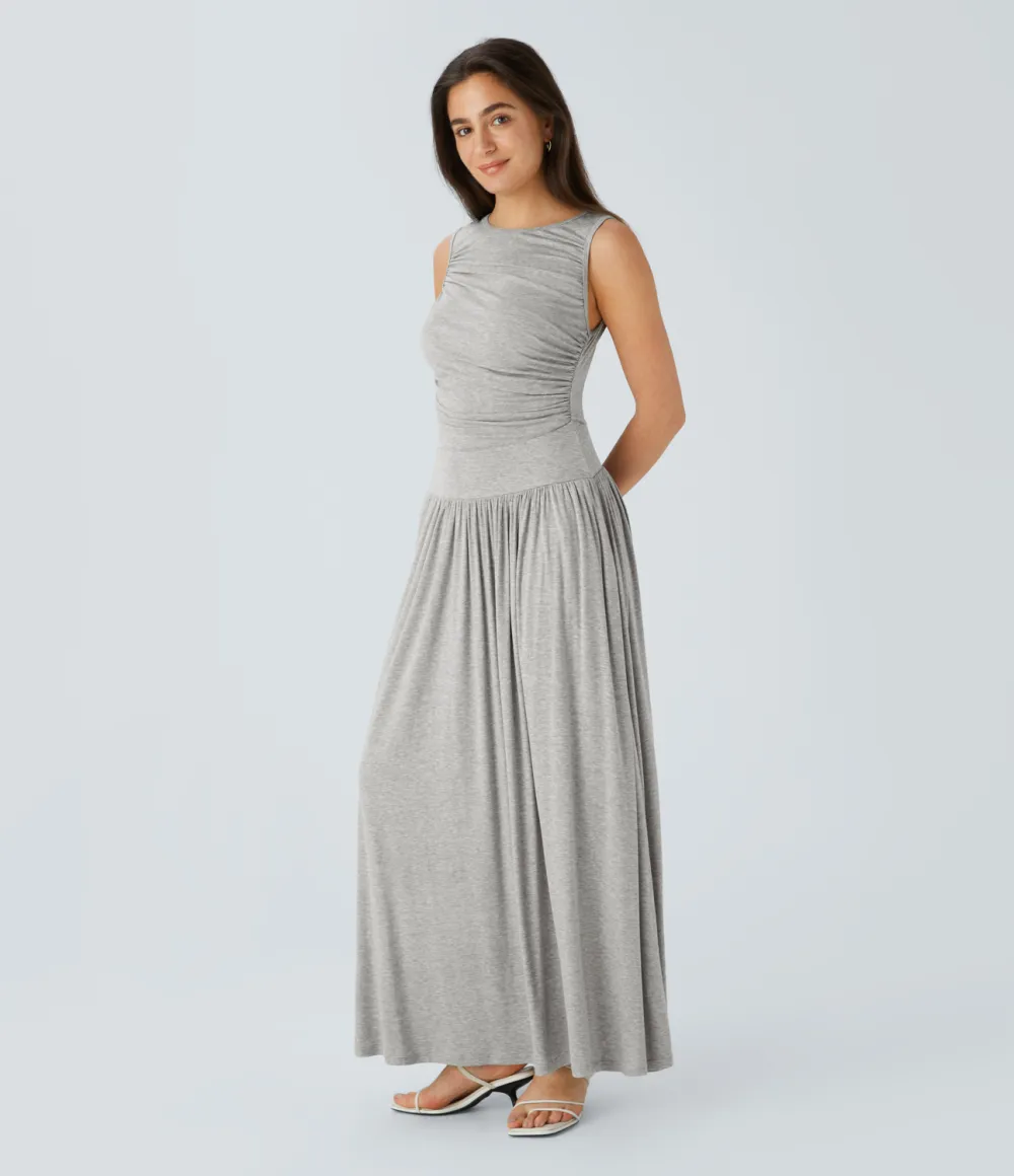 Ribbed Boat Neck Ruched Side Pocket Flowy Maxi Casual Dress