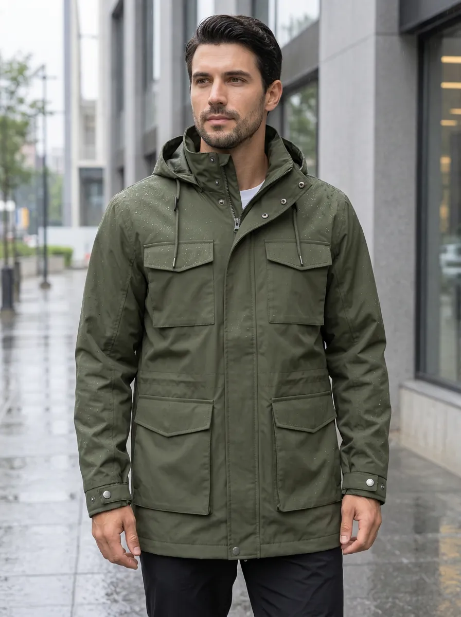Men's Olive Green Hooded Waterproof Field Jacket
