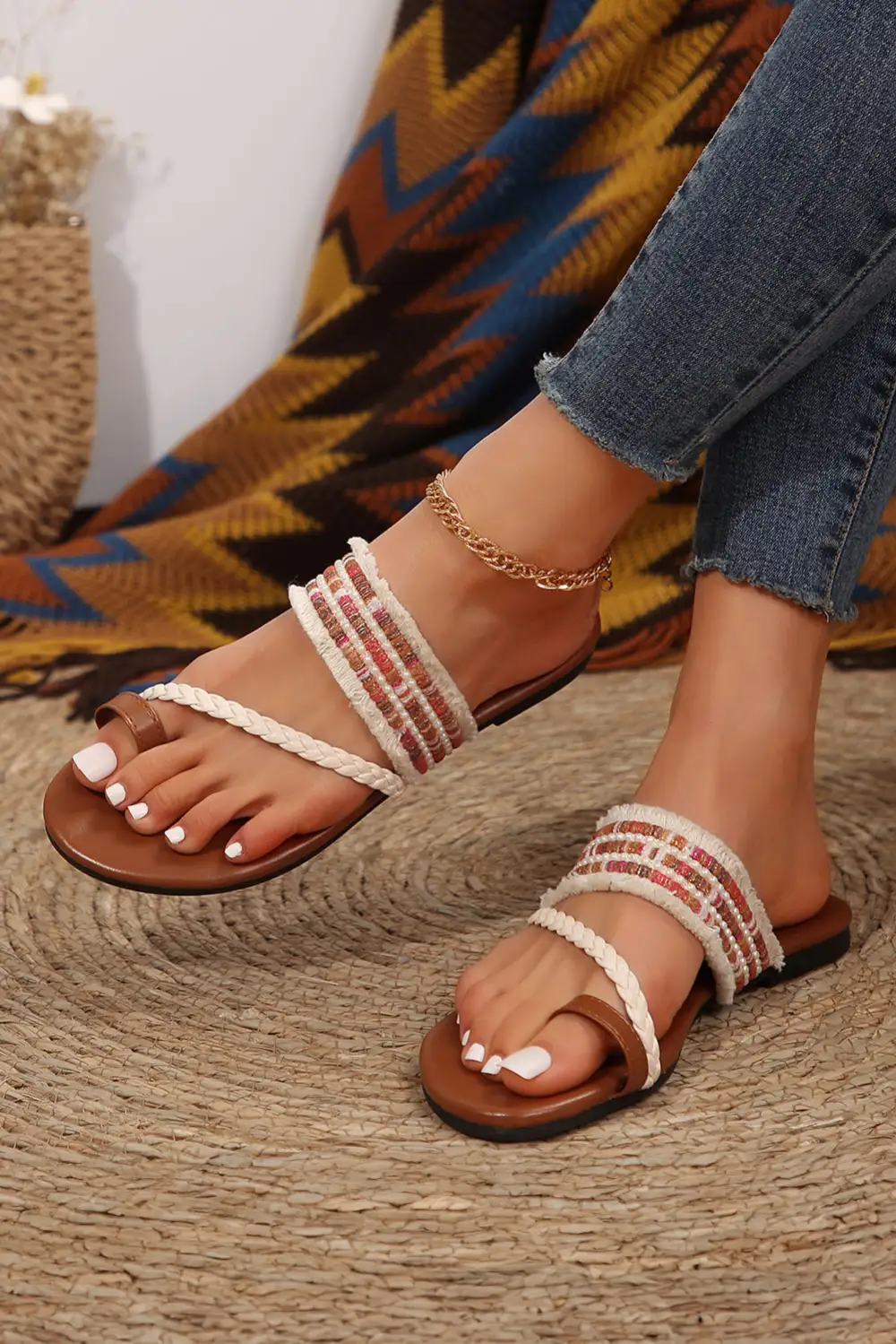 Beaded Embroidered Braided Strap Thong Slide Slippers