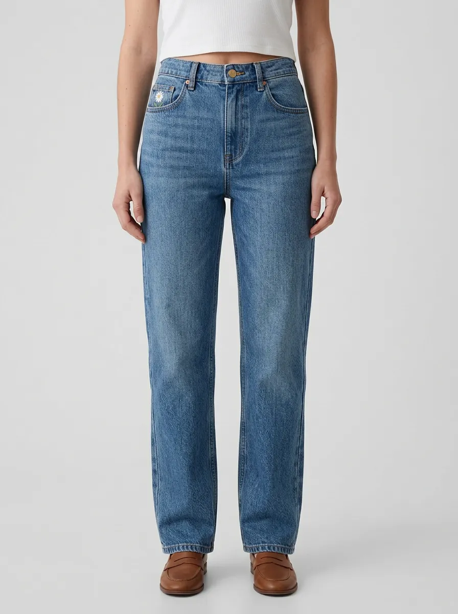 Women's Daisy Embroidered Contrast-Stitch Coin-Pocket High-Rise Straight-Leg Jeans
