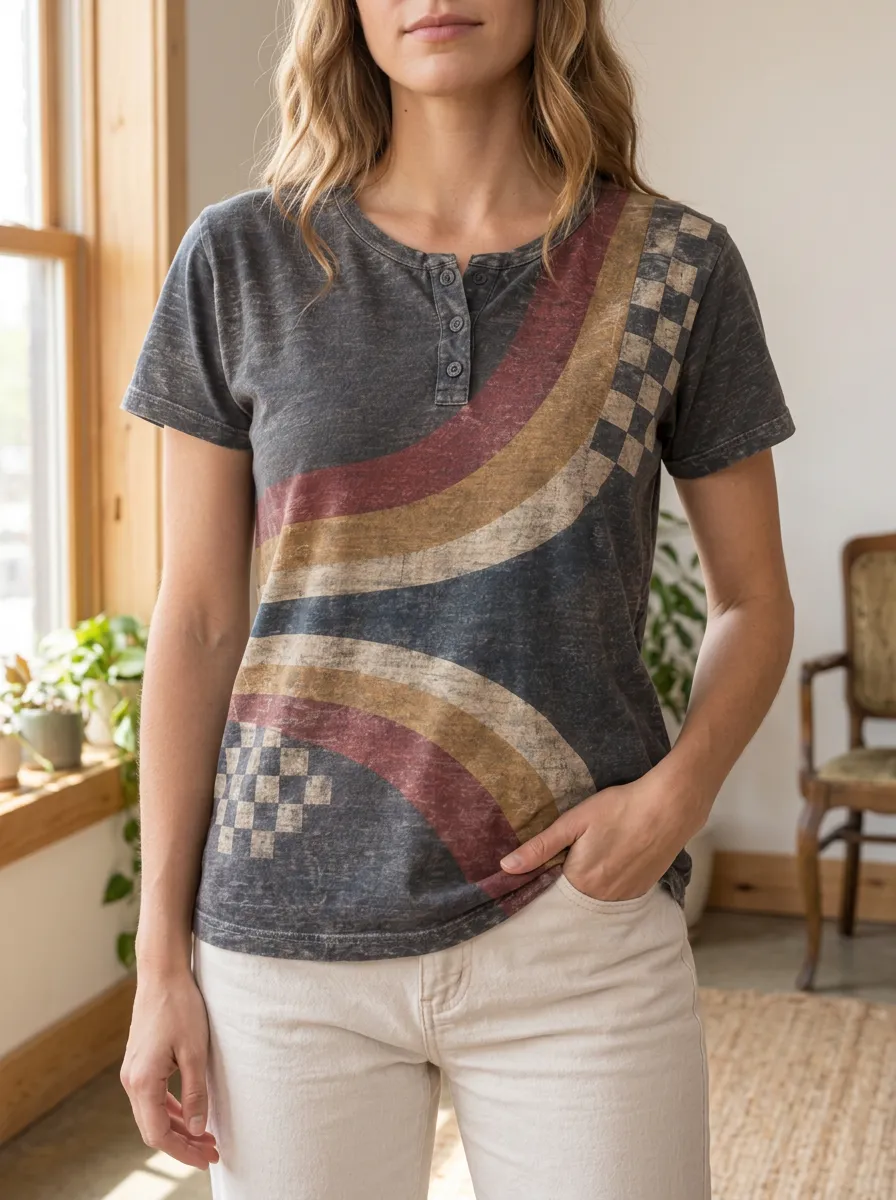 Women's Vintage Retro Rainbow Checkerboard Printed Henley T-shirt