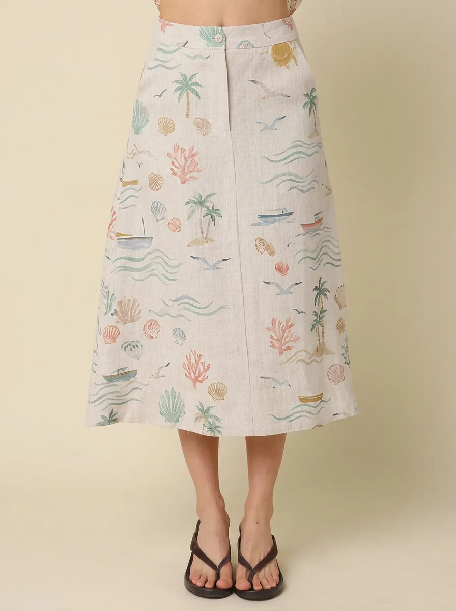 Women's Beach Vacation Tropical Seashell Palm Tree Printed Midi Skirt