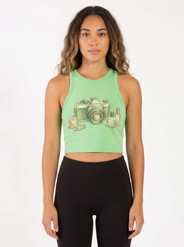 Women's Photography-Inspired Camera Perfume Bottles Printed Crop Tank Top