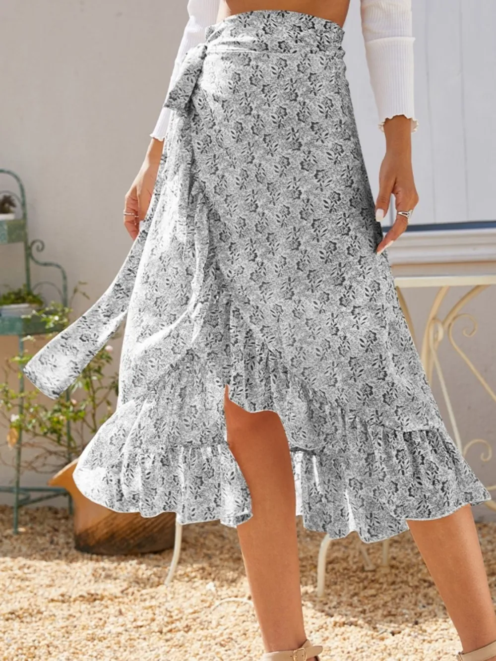 Ruffle Printed Midi Skirt
