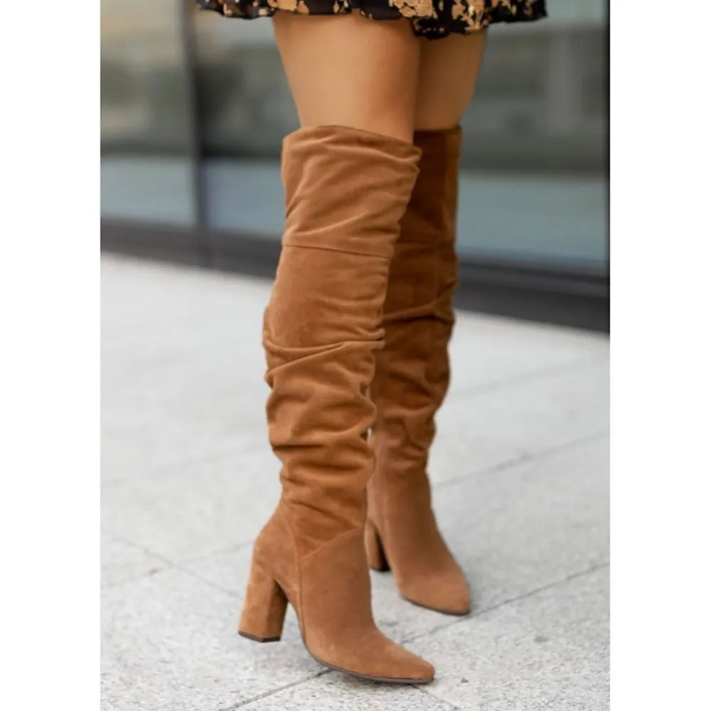 Warm Suede Over Knee Boots Block Heel Thigh Tall Boots
