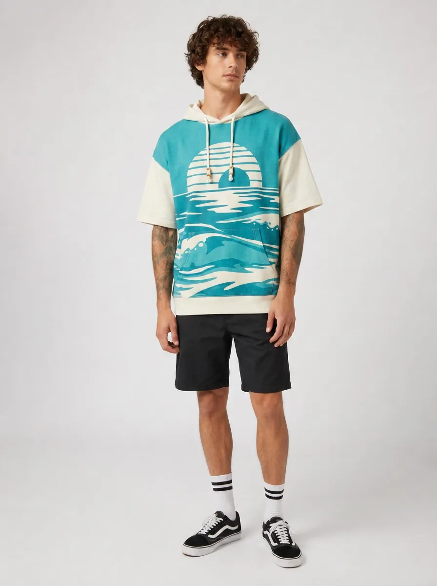 Men's Beach Lover Sunset Ocean Wave Printed Short Sleeve Hoodie