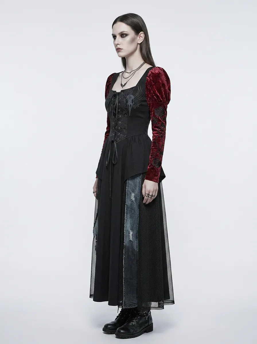 Women's Gothic Skull Rose Velvet Sleeve Lace-up Printed Top