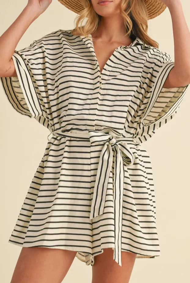 Black White Stripe Oversized Tie Waist Romper