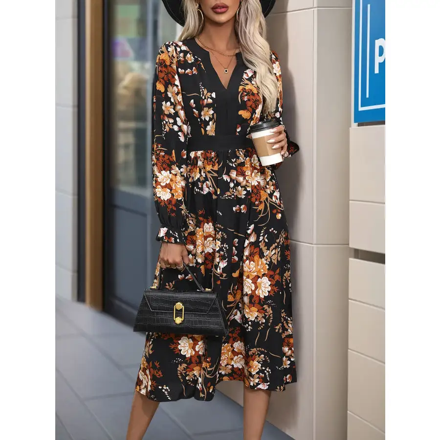 Notched Notched Long Sleeve Midi Dress