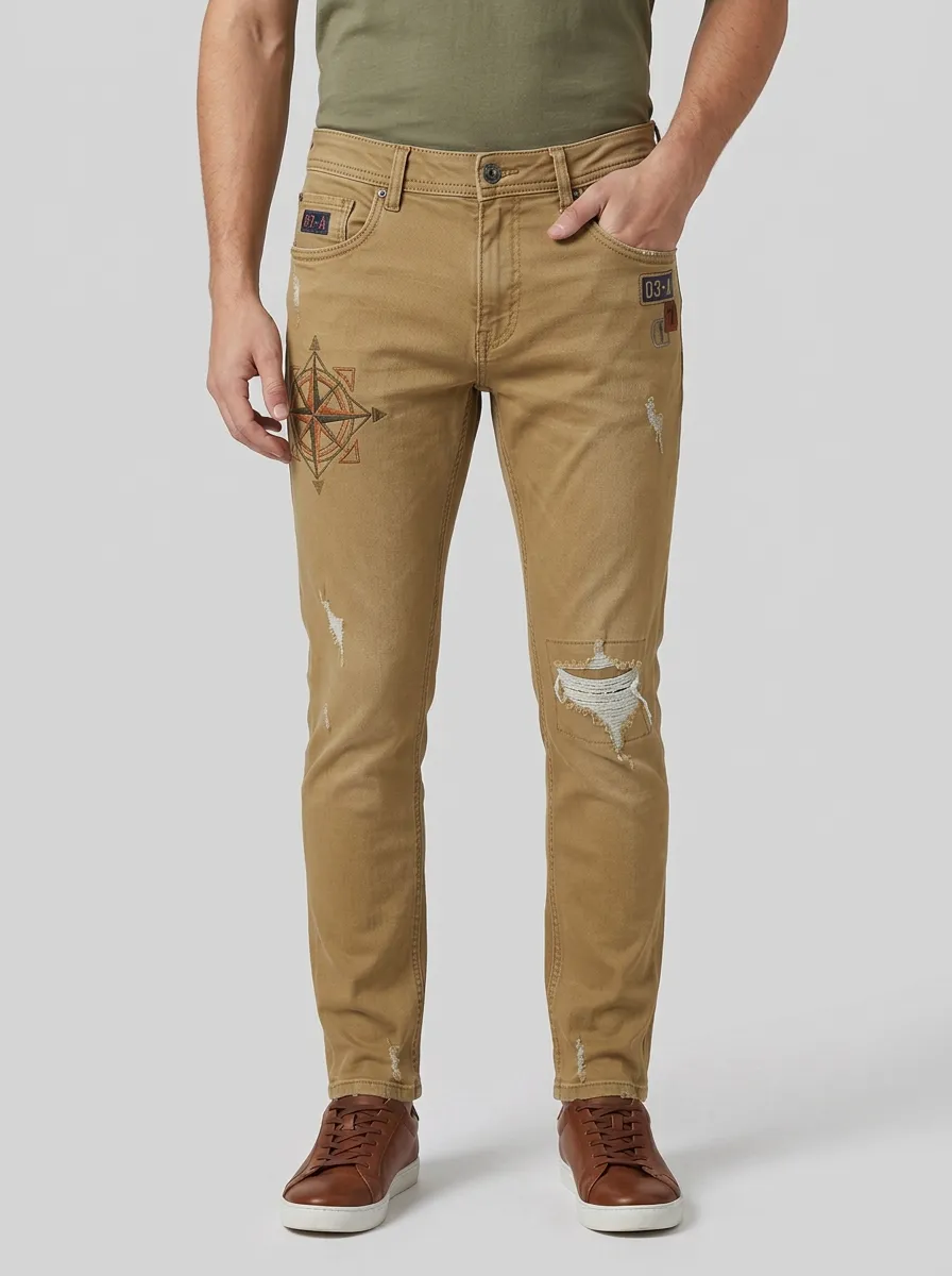 Men's Compass Embroidery Distressed Printed Slim-Fit Jeans
