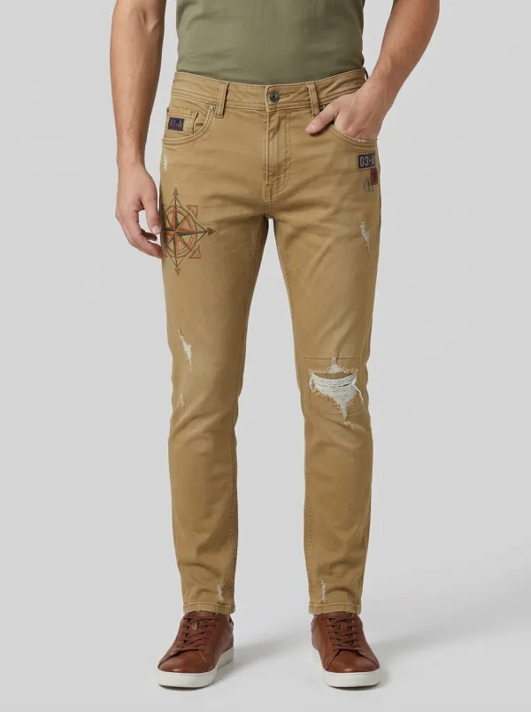 Men's Compass Embroidery Distressed Printed Slim-Fit Jeans