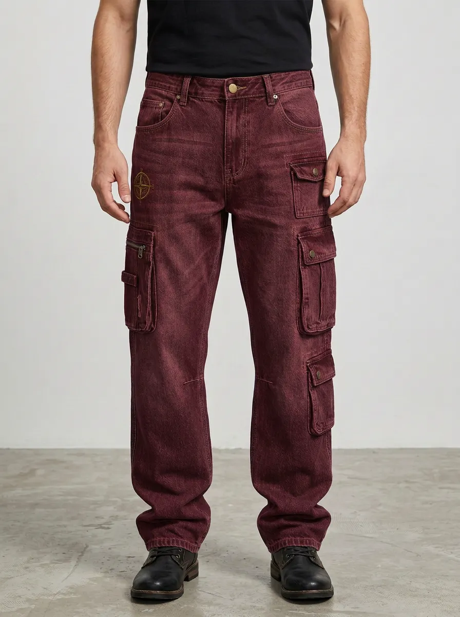 Men's Compass Graphic Multi-Pocket Printed Cargo Jeans