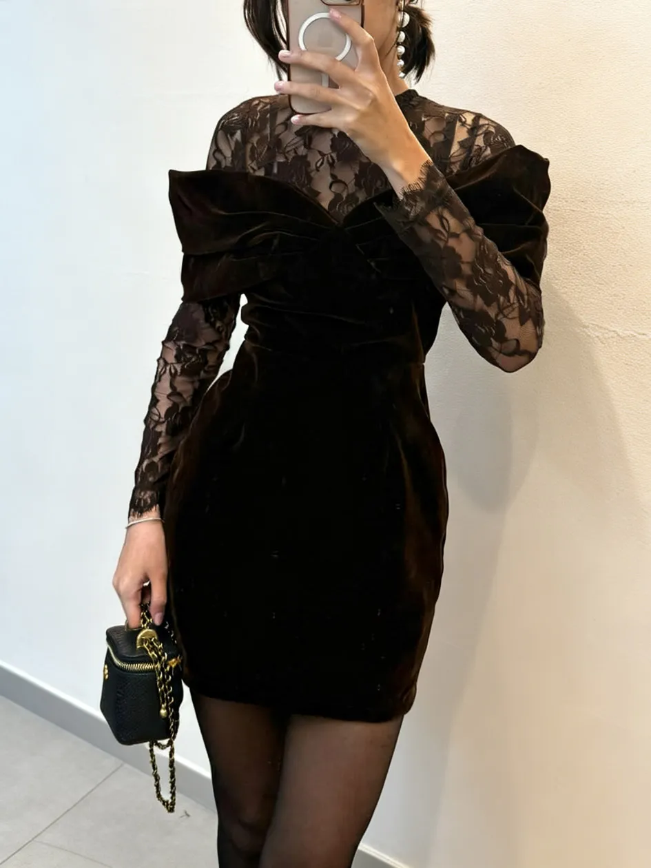 Lace Panel Velvet Long Sleeve Mini Dress