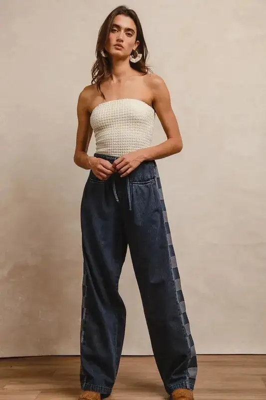 Denim High Rise Wide Leg Drawstring Jeans
