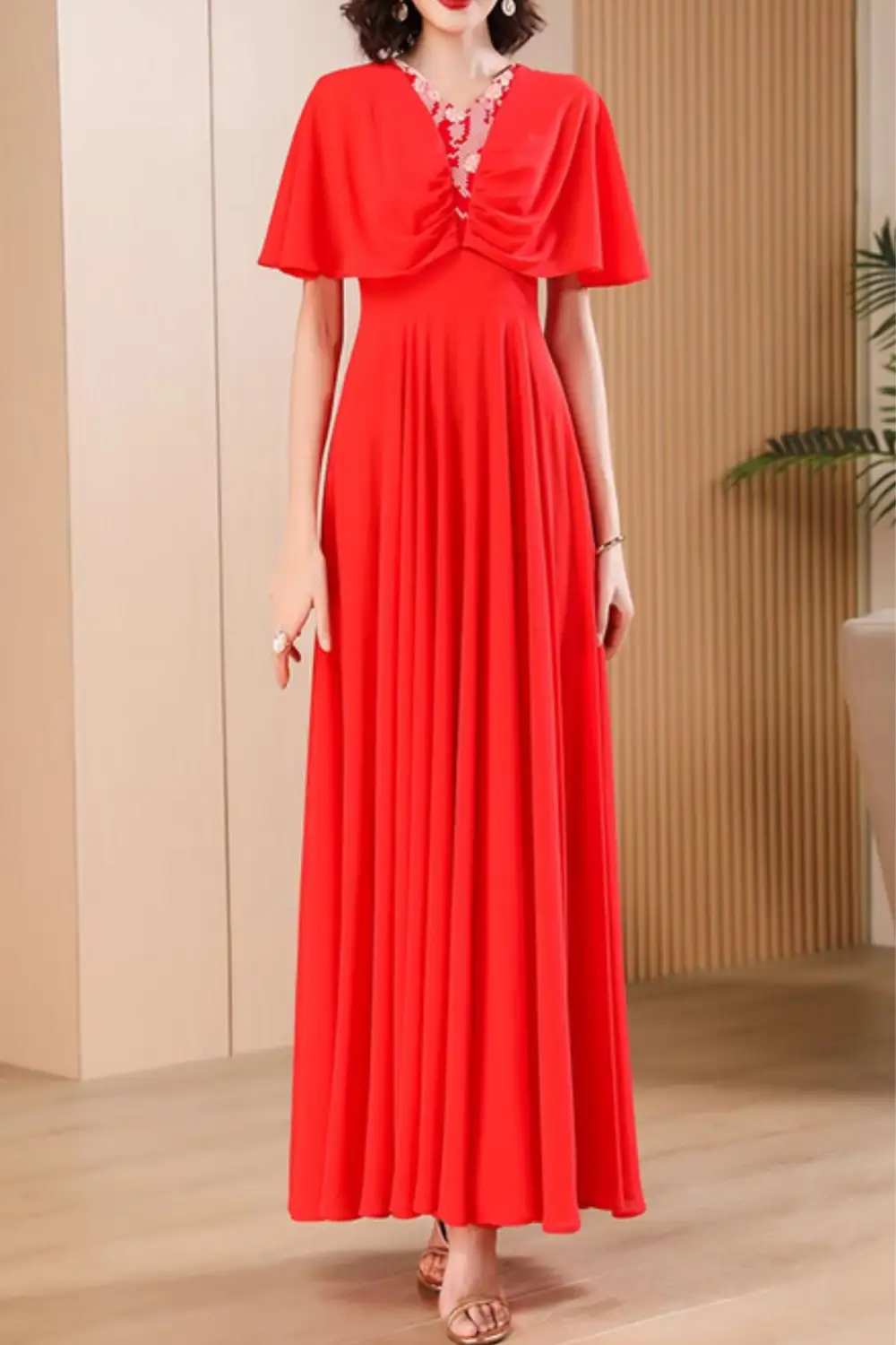 Refined Chiffon Swing V Neck Maxi Dress