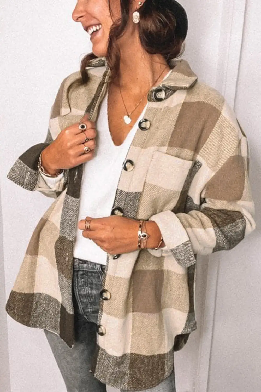 Plaid Block Button Long Sleeve Jacket With