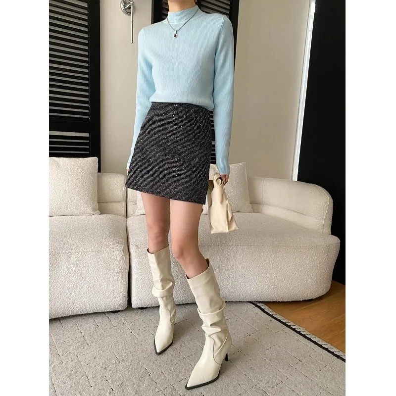 Textured Semi High Neck Knit Sweater