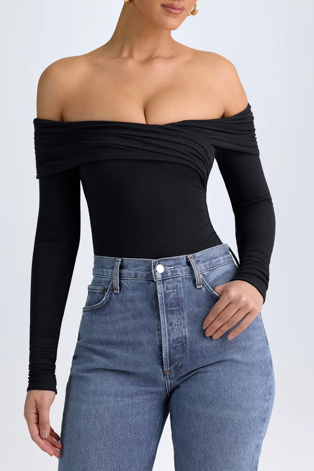 Long Sleeve Off Shoulder Ruffled Women's Fitted Bodysuit