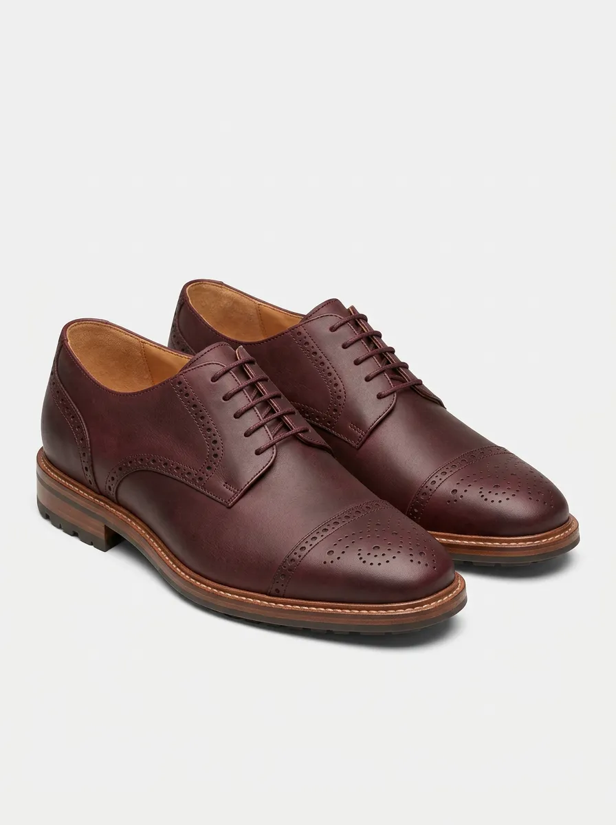 Men's Classic Burgundy Brogue Cap Toe Leather Oxford Shoes
