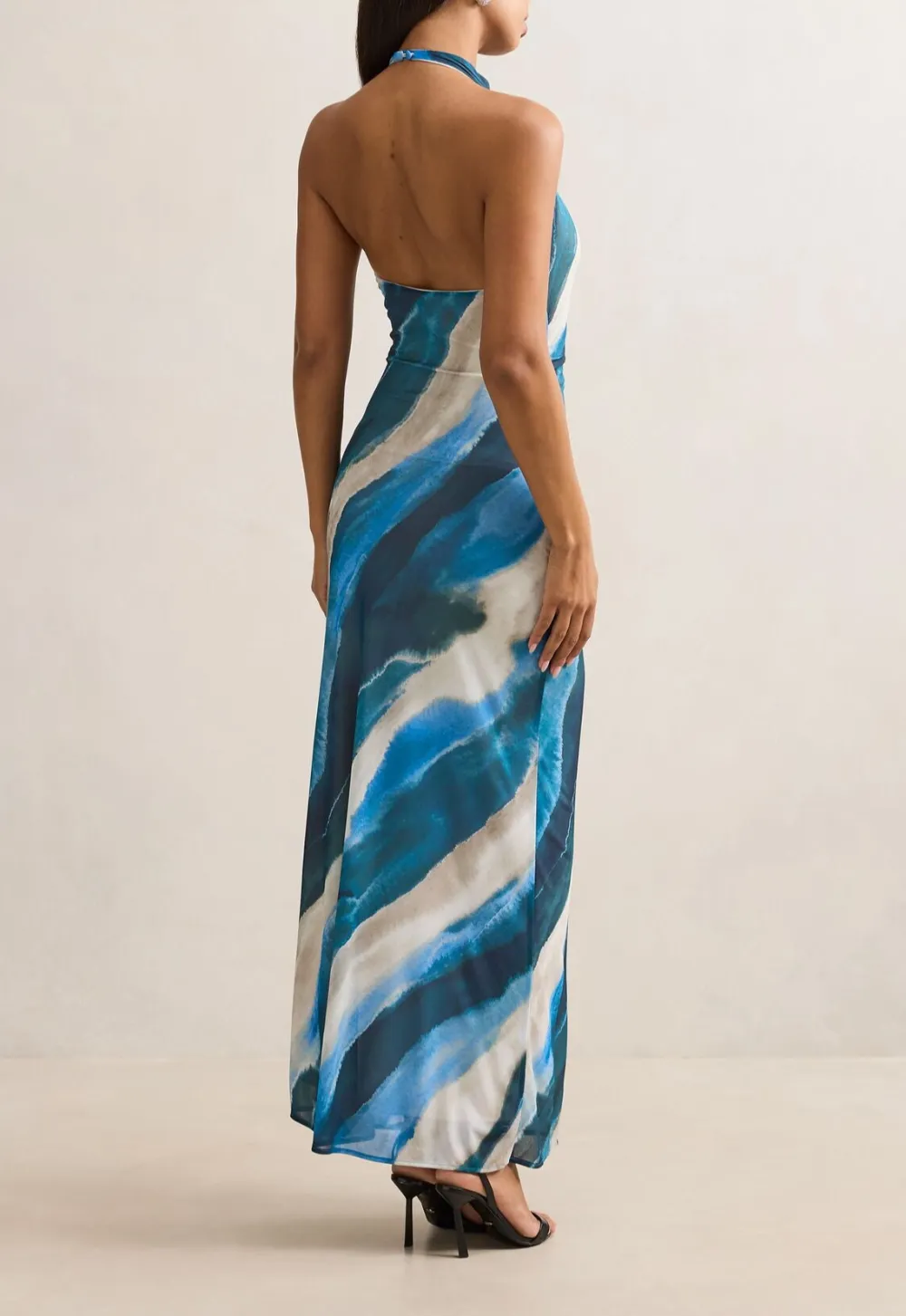 Blue White Abstract Print Halter Mesh Maxi Dress