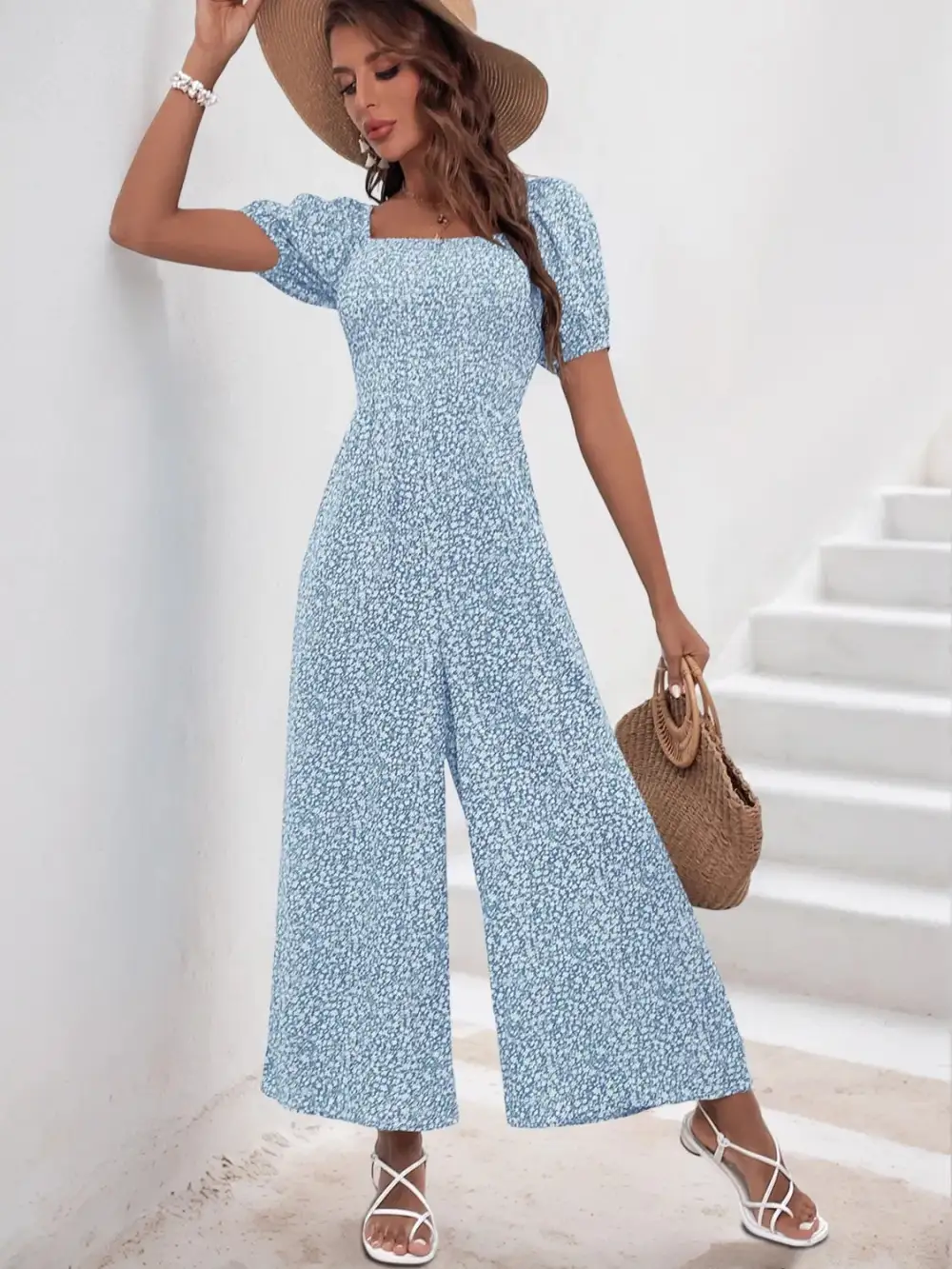 Printed Square Neck Puff Sleeve Everyday Jumpsuit