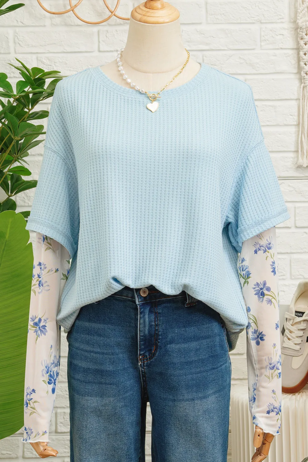 Beau Blue Floral Lace Sleeve Top