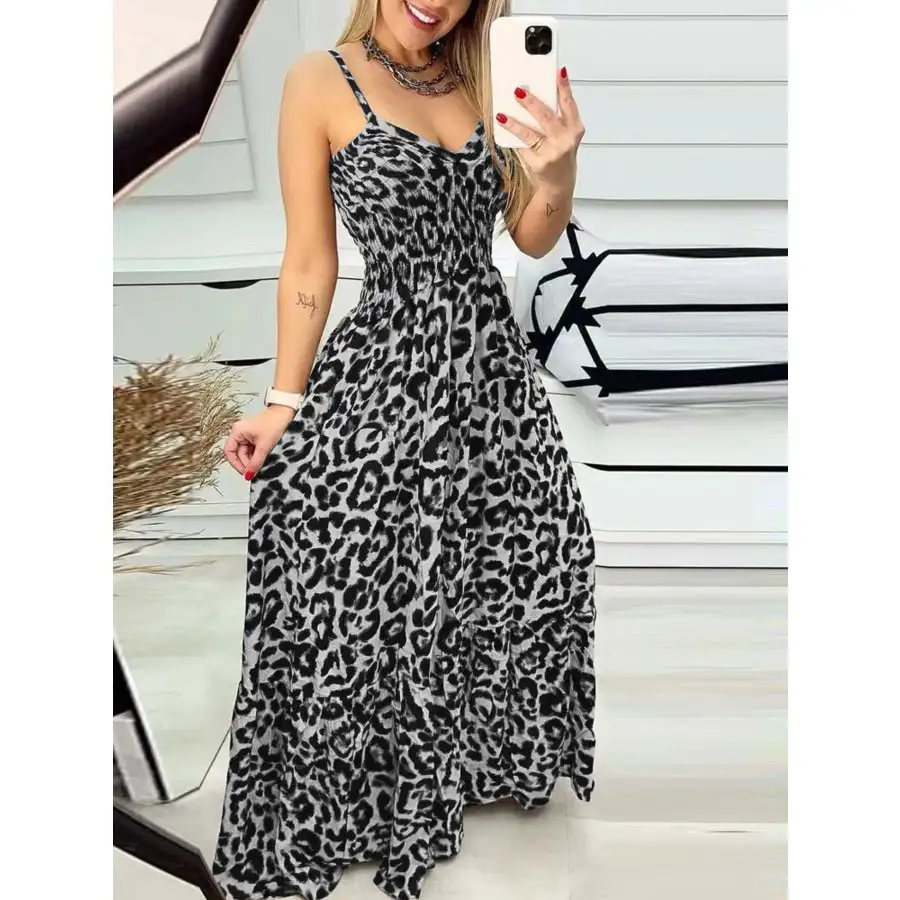 Full Size Leopard Print Spaghetti Strap Maxi Dress Plus Size