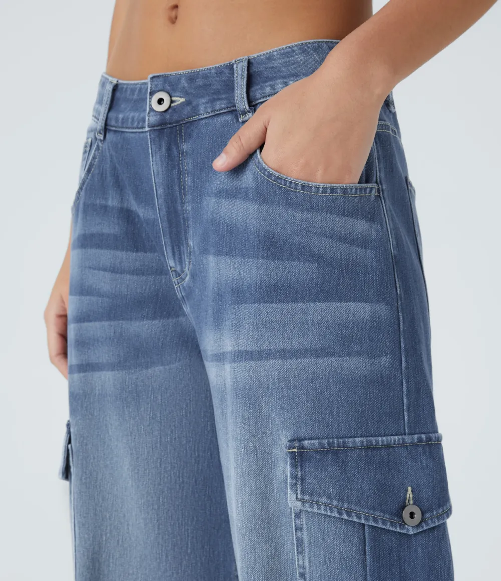 Magic Low Rise Multiple Pockets Stretchy Knit Casual Wide Leg Cargo Jeans