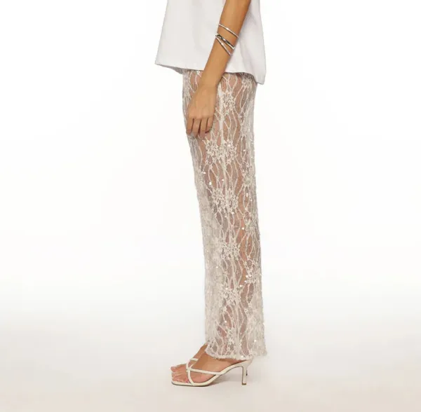 White Sequin Lace Sheer Pants
