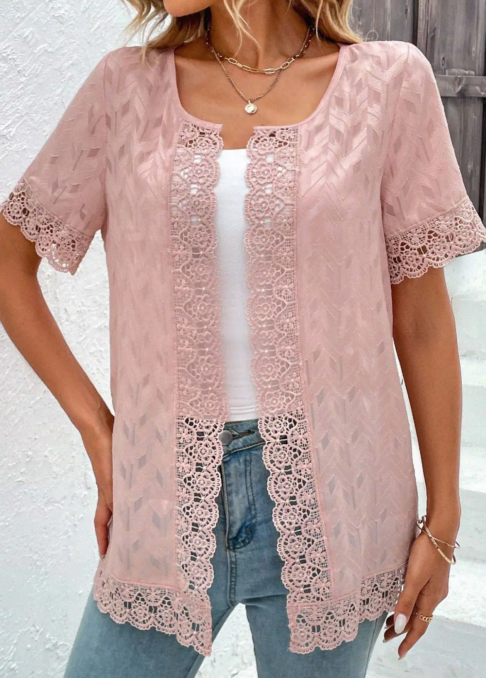 Pink Lace Short Sleeve Round Neck Topper